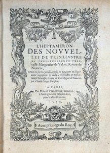 Title page of the Heptameron: tales or news by Margarita of Navarre (Marguerite of Valois, Marguerite of Angouleme or Marguerite of France) Queen of Navarre and Poetess by French School