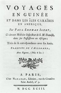 Title page for Voyages en Guinee et dans les Iles Caraibes en Amerique by Paul Erdman Isert, published 1743 by French School