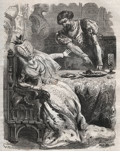 To take revenge for the infidelity of his wife, Gabrielle de Vergy, Eudes de Fayel makes her eat without her knowledge the heart of her lover, Raoul de Coucy. Scene of a 12th century legend by French School