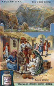 Top: Bolan parade in Afghanistan. Bottom: Afghan women weaving wool in front of their homes (Chromolithography of the 19th century) by French School