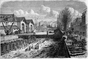 Transformations of Paris under the Second Empire, Haussmann Paris: works performed for the lowering of the water body of the Canal Saint Martin. Engraving in 