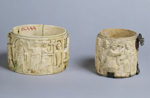 Two pyx with reliefs depicting the resurrection of Lazarus and Christ healing a man born blind, 6th-7th century