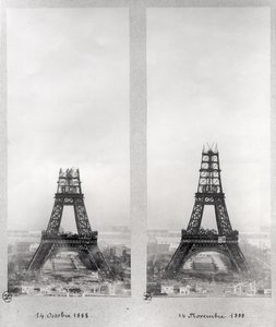Two views of the construction of the Eiffel Tower, Paris, 14th October and 14th November 1888