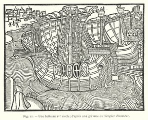 A fleet in the 15th century; after an engraving from the Vergier of Honor by French School