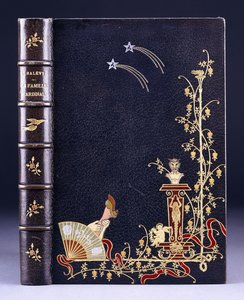 Upper book cover of two shooting-stars, a torch, foliage, faun on pedestal, putto and a leg behind a fan, 1893 by French School