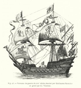 Warship of the 16th century; drawn by Guillaume Barendsz and engraved by Cl Visscher by French School