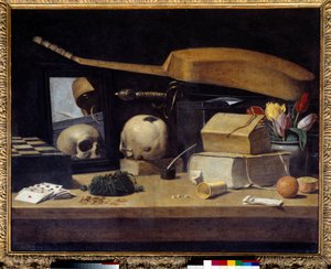 Vanitas Still Life with deck of cards, instrument and skull by French School