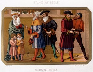 Various costumes of the bourgeoisie in the 16th century - chromo. 19th century based on period document