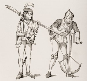 Varlet or Squire carrying a thick-bladed halberd and an archer drawing a crossbow string with double-handed winch, after a 15th century miniature, from Le Moyen Age et La Renaissance by Paul Lacroix by French School