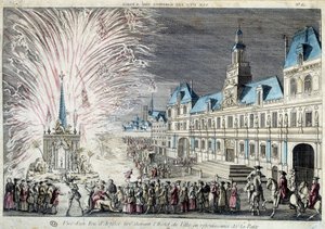 View of a fireworks shot in front of the Town Hall in reenjoyment of Peace