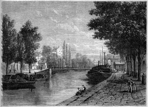 View of the Canal Saint Martin, in Paris, before the transformations carried out by Haussmann in the middle of the 19th century. View taken at the height of rue Saint Sebastien. Engraving in 