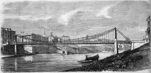 View of the Saint John Bridge on the Tiber River (Tevere) in Italy, inaugurated in 1863. This steel bridge was designed by Alphonse Oudry (1819-1869). Engraving in 