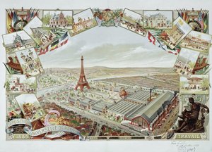 View of the Universal Exhibition with the different pavilions and the Eiffel Tower