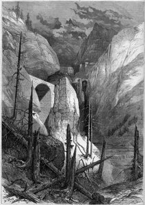 View of the defile and the fort of Finstermunz (1471). Tyrol, Switzerland by French School