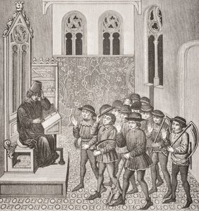 Villains receiving their Lords Orders before going to Work, after a miniature in a 15th century manuscript, from Le Moyen Age et La Renaissance by Paul Lacroix (1806-84) published 1847
