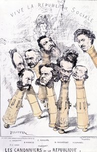 Long Live the Social Republic - The Gunboats of the Republic: A. Vacquerie, F.V. Hugo, P. Meurice, E. Roullier, Flocquet, H. Rochefort, Vermorel, Pilotell. Cartoon.