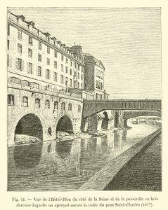 View of the Hotel-Dieu from the Seine side and the wooden footbridge behind which the abutment of the Saint-Charles bridge can still be seen, 1877 by French School