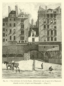 Exterior view of the Arche Popin, opening under the Quai de la Megisserie demolished in 1840; after a lithograph by French School