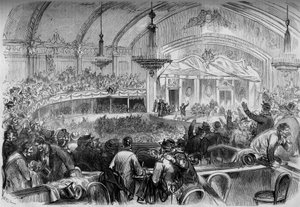 War of 1870 - Legislative Election During the Armistice - February 1871: Election Meeting at the Cabaret des Folies Bergeres in Paris for the Proclamation of Candidates for the National Assembly. Engraving in 