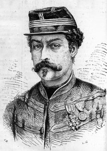 War of 1870: portrait of Leon Franchetti (1834-1870), French soldier, commander of the Scouts of the Seine. Engraving in 