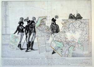 Wars of the Revolution: General Napoleon Bonaparte holding a map of Italy (at the time of the Italian Campaign) to complete the puzzle of the territories conquered by France. On the left, probably generals Hoche, Pichegru and Jean Victor