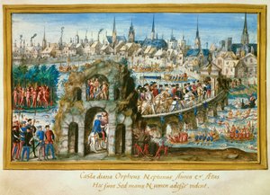 Water shows organized by the city of Rouen on the occasion of the royal entrance of King Henry II and Catherine de Medicis on 1/10/1550. Reconstitution on the left of a village of Indians in Brazil by French School