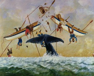 Whale knocking fishermen out of the water