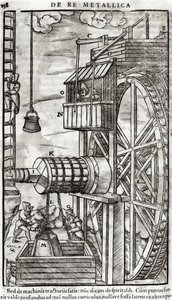 Winch for getting water from a mine, illustration from De Re Metallica by Georg Bauer known as Agricola, 1561 by French School