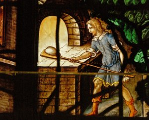 Window Charnier-13 Depicting the Bakers at Work and a Scene from Abraham Being Visited by Three Angels by French School