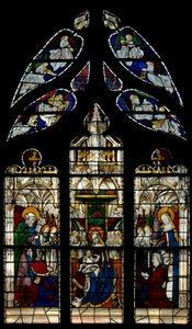 Window depicting the Virgin and Child Enthroned: also the donors with their patron saints (St Peter and St Barbara) by French School