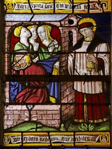 Window depicting Saint Nicholas leaving money for the father of three girls to avoid their going into prostitution by French School