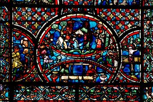 Window depicting the Good Samaritan and the Guild of Weavers by French School