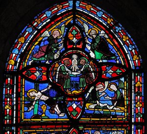 Window depicting the fifth section of window w7: the death of St Peter: his soul ascends to heaven by French School