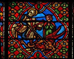 Window n3 depicting scenes from the life of St George; kills dragon by French School