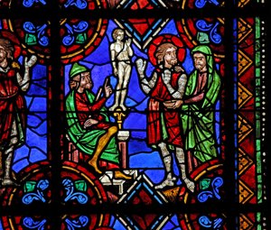 Window depicting St Julian of Brioude story - St Ferreol, a friend of Julien, who died during the Diocletian persecutions, forced to worship idols by French School