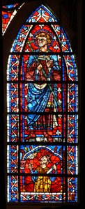 Window depicting St Gervais - below a king kills himself