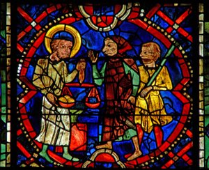 Window w107b depicting St Eloi weighing metal by French School