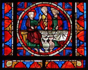 Window depicting a scene from the life of St Mary Magdalene - at the meal at Simon