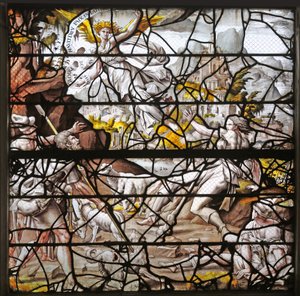 Window w10 depicting the Annunciation to the Shepherds (designs by Durer and adaptations of the Master of Des designs for the Story of Psyche)