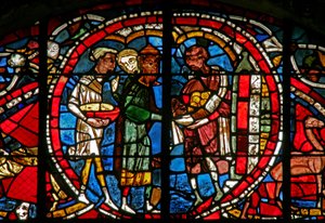 Window depicting a scene from the Prodigal Son story: he receives his inheritance by French School