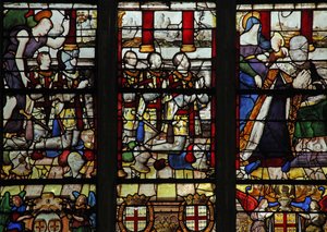 Window depicting Anne de Montmorency with his patron saint St Anne (teaching the Virgin to read) and 5 of his sons by French School