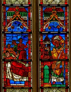 Window w13 depicting a scene from a legend of St Nicholas: Three Girls are saved from prostitution by the saint