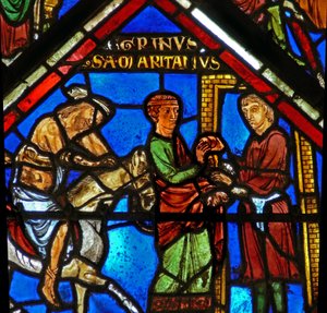 Good Samaritan Window: The Samaritan Takes the Pilgrim to an Inn by French School