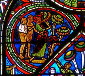 Good Samaritan Window: God Points Out the Forbidden Fruit to Adam and Eve by French School