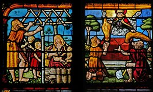 Window depicting Adam building a house and Eve bringing up their children; Cain and Abel making their offerings to the Lord by French School
