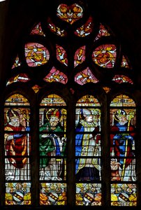 Window depicting St Hilarire, an unidentified saint, St Exupery, St Sernin by French School