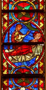 Window w213 depicting scenes from the life of St Stephen and the story of his relics: Gamaliel tells Lucian in his dream the whereabouts of the burial of Stephen by French School