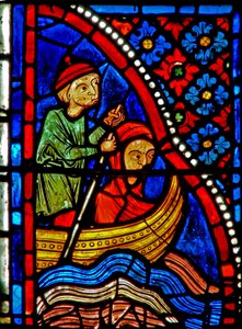 Window w21 depicting St Mary the Egyptian passes the river and begins penitence