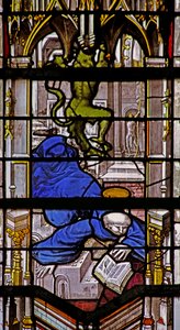 Window depicting St Martin falls downstairs: a devil celebrates by French School
