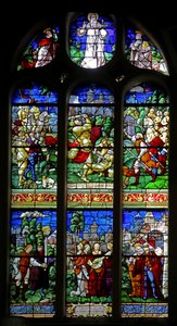 Window depicting David slaying Goliath; he returns with the head to the daughters of Judea by French School